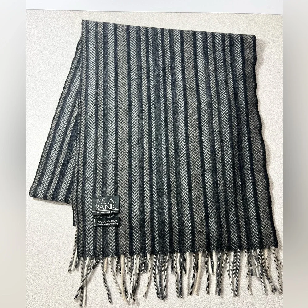 100%‎ Cashmere Men’s Scarf Herringbone Stripe Gray Black Fringe Jos. A. Banks
